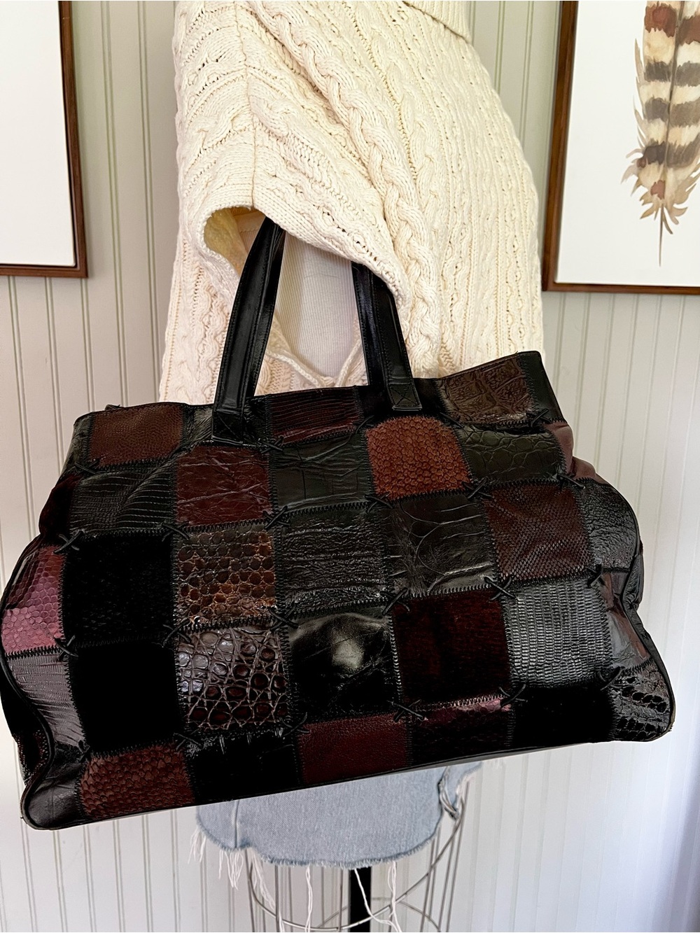 Braccialini Italian Leather Patchwork Brown Croc Satchel Bag 2000’s Textured